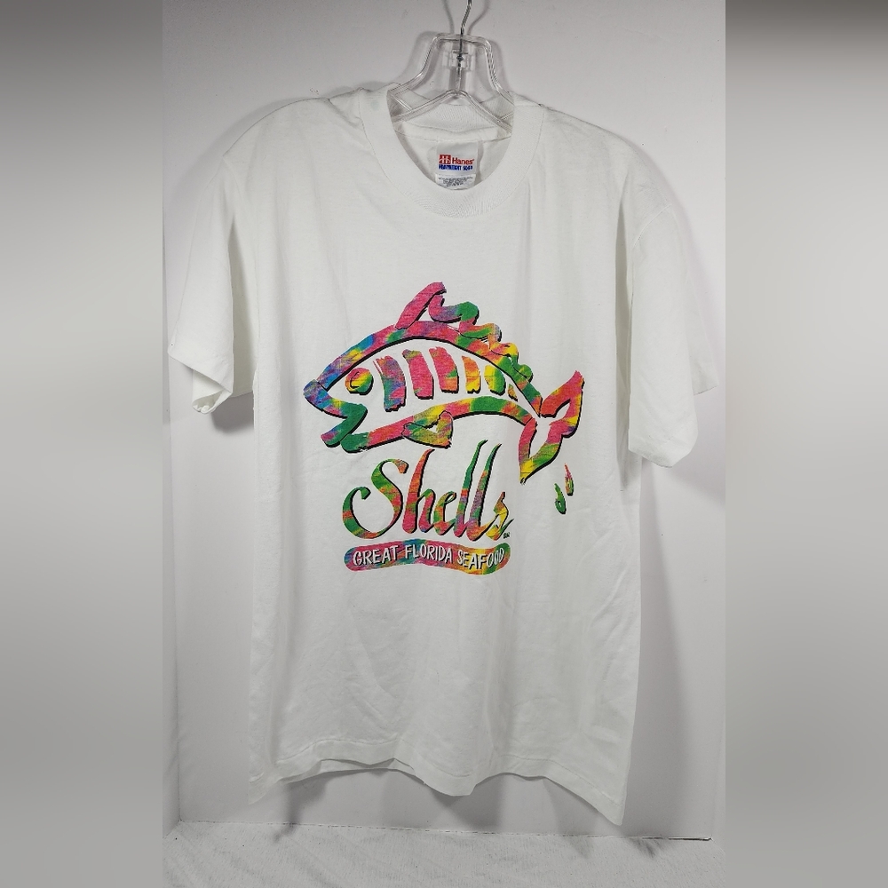 HANES HEAVYWEIGHT 50/50 SHELLS GREAT FLORIDA SEAFOOD TSHIRT MED WHITE, VINTAGE